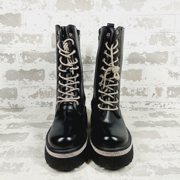 Wild Diva Munich-09 Faux Leather Lug Sole Rhinestone Lace-Up Combat Boots K776 - Picture 7 of 11